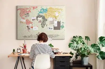 World Map Cork Memo Board Made of Letters