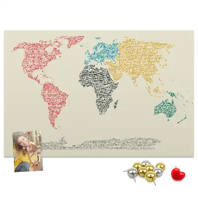 World Map Cork Memo Board Made of Letters