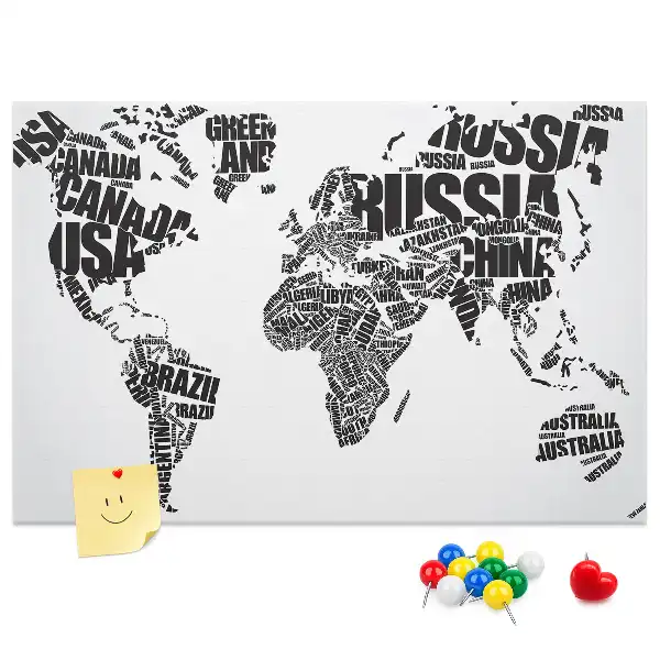 World Map Printed Cork Memo Board with Typography Design