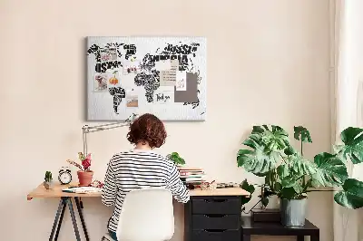 World Map Printed Cork Memo Board with Typography Design