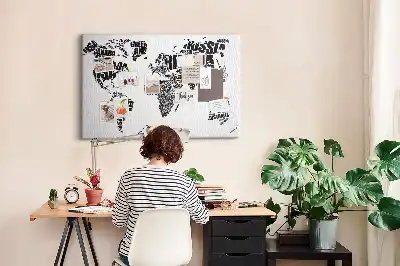 World Map Printed Cork Memo Board with Typography Design