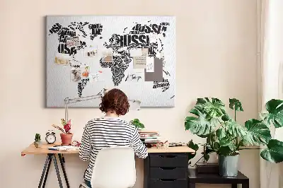 World Map Printed Cork Memo Board with Typography Design
