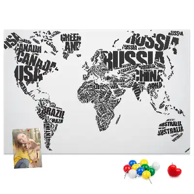 World Map Printed Cork Memo Board with Typography Design