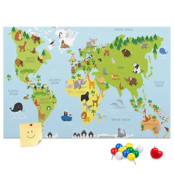 World Map Cork Memo Board with Animal Illustrations