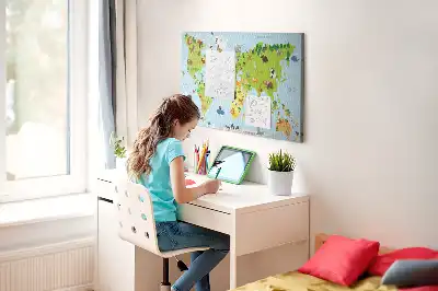 World Map Cork Memo Board with Animal Illustrations