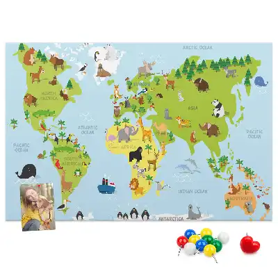 World Map Cork Memo Board with Animal Illustrations