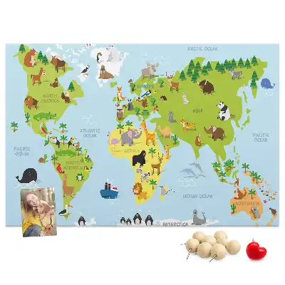 World Map Cork Memo Board with Animal Illustrations