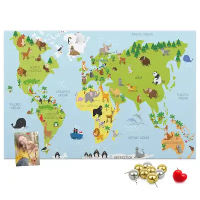 World Map Cork Memo Board with Animal Illustrations