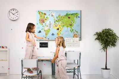 World Map Cork Memo Board with Animal Illustrations