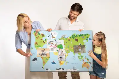 World Map Cork Memo Board with Animal Illustrations