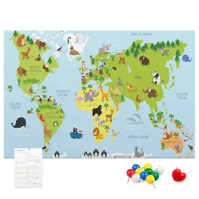 World Map Cork Memo Board with Animal Illustrations