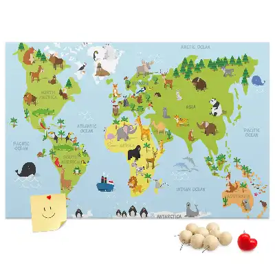 World Map Cork Memo Board with Animal Illustrations