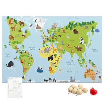 World Map Cork Memo Board with Animal Illustrations