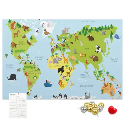 World Map Cork Memo Board with Animal Illustrations
