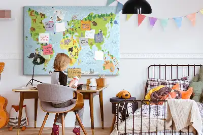 World Map Cork Memo Board with Animal Illustrations