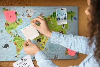 World Map Cork Memo Board with Animal Illustrations
