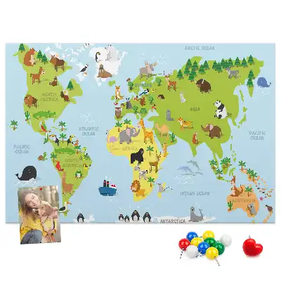 World Map Cork Memo Board with Animal Illustrations