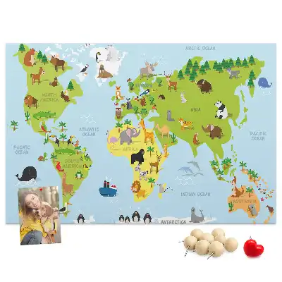 World Map Cork Memo Board with Animal Illustrations