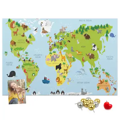 World Map Cork Memo Board with Animal Illustrations