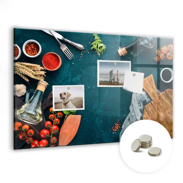 Magnetic glass dry erase board featuring kitchen utensils design