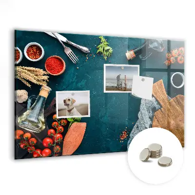 Magnetic glass dry erase board featuring kitchen utensils design