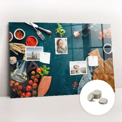Magnetic glass dry erase board featuring kitchen utensils design