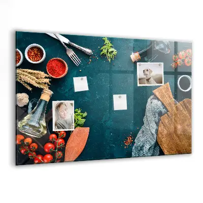 Magnetic glass dry erase board featuring kitchen utensils design