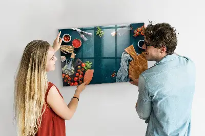 Magnetic glass dry erase board featuring kitchen utensils design