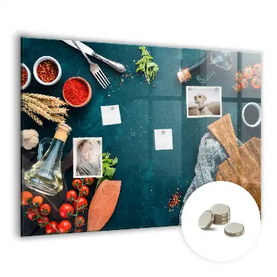 Magnetic glass dry erase board featuring kitchen utensils design
