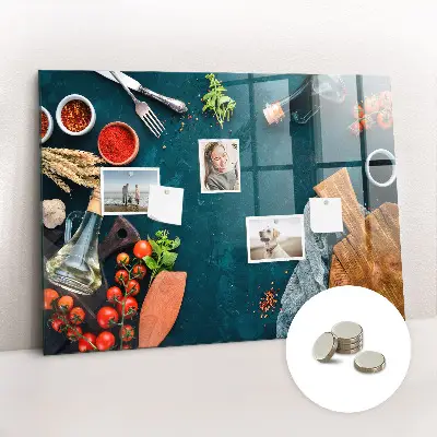 Magnetic glass dry erase board featuring kitchen utensils design