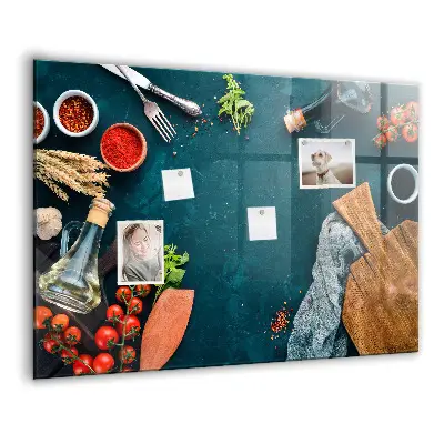 Magnetic glass dry erase board featuring kitchen utensils design