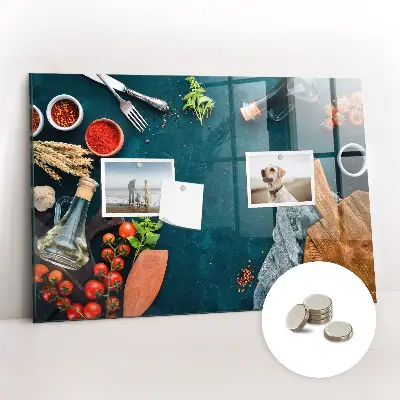 Magnetic glass dry erase board featuring kitchen utensils design