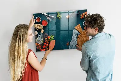 Magnetic glass dry erase board featuring kitchen utensils design