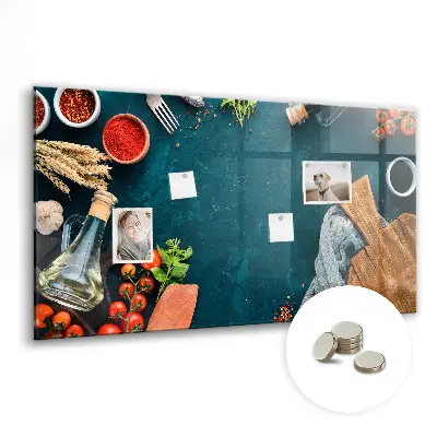 Magnetic glass dry erase board featuring kitchen utensils design
