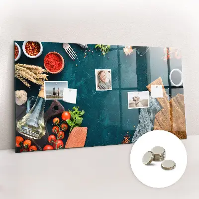 Magnetic glass dry erase board featuring kitchen utensils design