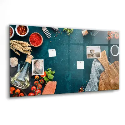 Magnetic glass dry erase board featuring kitchen utensils design