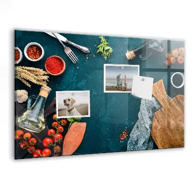 Magnetic glass dry erase board featuring kitchen utensils design