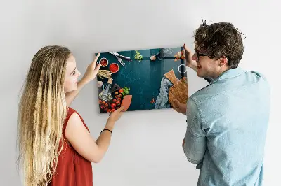 Magnetic glass dry erase board featuring kitchen utensils design