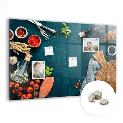 Magnetic glass dry erase board featuring kitchen utensils design
