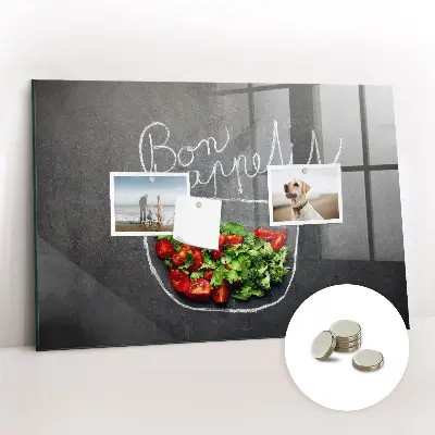 Magnetic glass dry erase board with Bon appetit inscription