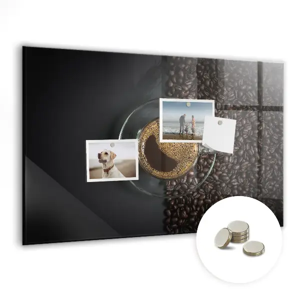 Magnetic glass dry erase board featuring a cup of coffee design