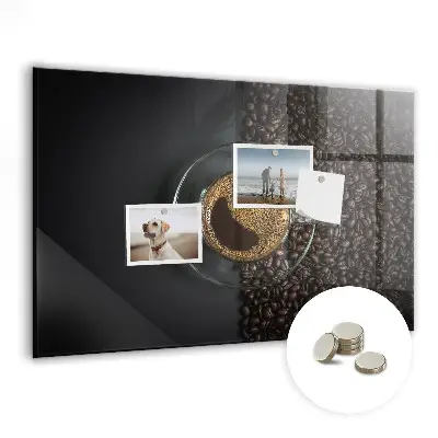 Magnetic glass dry erase board featuring a cup of coffee design