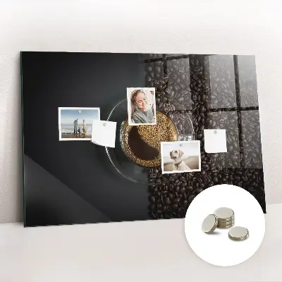 Magnetic glass dry erase board featuring a cup of coffee design