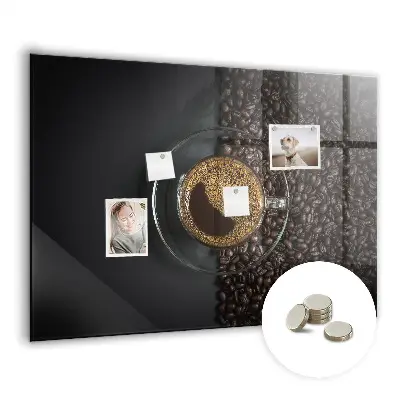 Magnetic glass dry erase board featuring a cup of coffee design