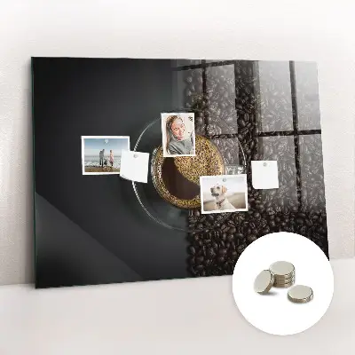 Magnetic glass dry erase board featuring a cup of coffee design