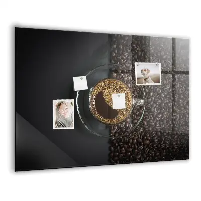 Magnetic glass dry erase board featuring a cup of coffee design