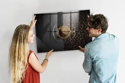 Magnetic glass dry erase board featuring a cup of coffee design