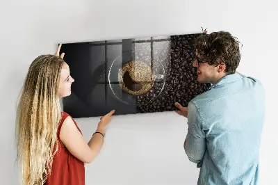 Magnetic glass dry erase board featuring a cup of coffee design