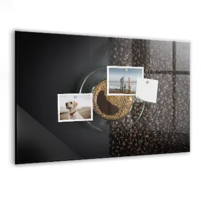 Magnetic glass dry erase board featuring a cup of coffee design