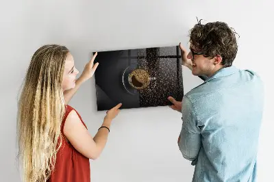Magnetic glass dry erase board featuring a cup of coffee design